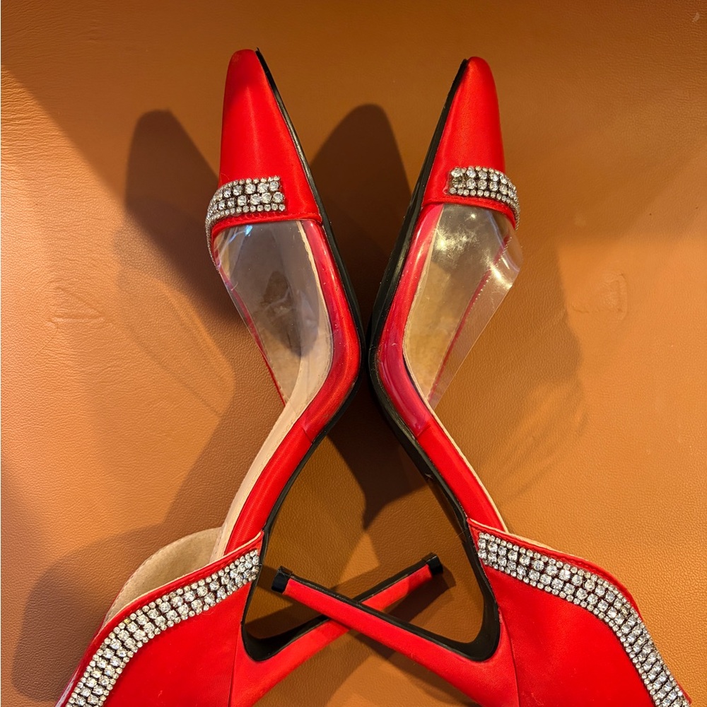 Elegant Red Satin Heels with Rhinestone Accents - Picture 10 of 12
